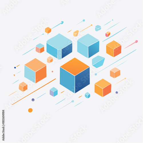 Abstract Geometric Shapes and Cubes in a Digital Network or Data Flow Arrangement