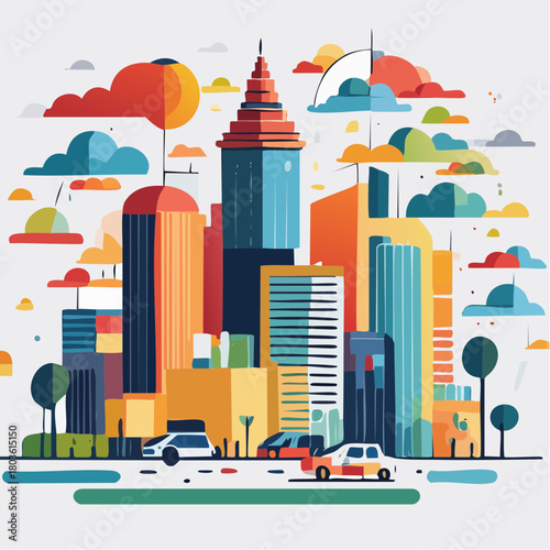Dynamic Urban Landscape Illustration Featuring Colorful Buildings and a Bustling City Street