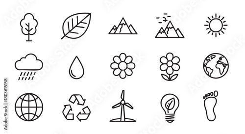 Collection of environmental icons illustrating nature and ecological concepts