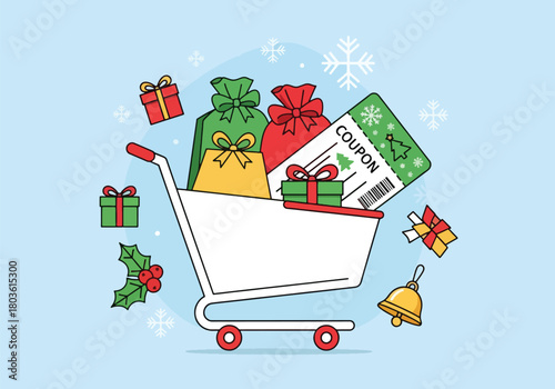 A shopping cart filled with gifts and a coupon, surrounded by festive elements like snowflakes and holly.