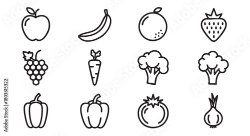 Collection of fruit and vegetable outline icons vector illustration design