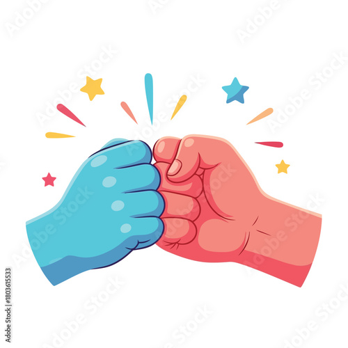 Two hands fist bumping with colorful celebratory sparks isolated on white
