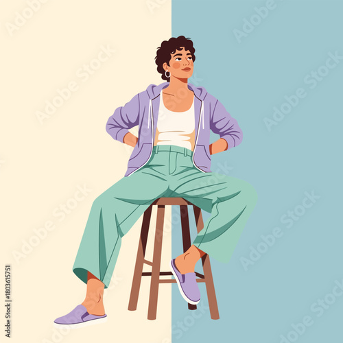Woman sitting on stool with hands on hips, looking away, split background