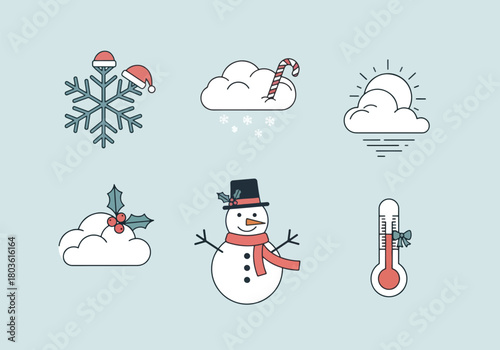 A collection of winter-themed icons, including a snowflake, snowman, clouds, candy cane, sun, holly, and thermometer.