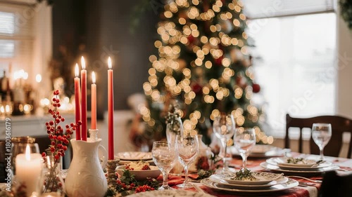 Elegant Christmas Dinner Table Setting with Candles