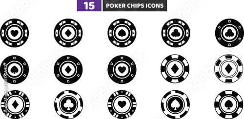 Poker Chips Icons Vector Set, Casino Gamble Card Game Silhouette Symbol Collection