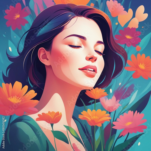 Beautiful young woman with eyes closed, enjoying the scent of vibrant flowers in a lush garden, conveying a sense of peace, serenity, and the joy of natures beauty