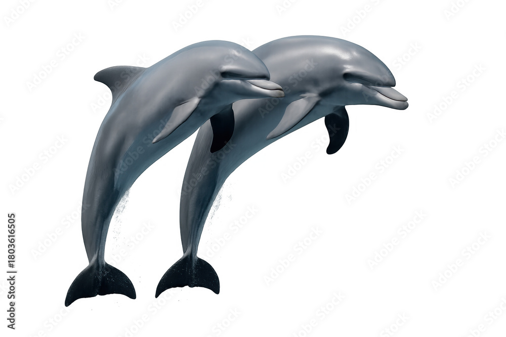 Obraz premium Pair of dolphins jumping together from water in a dynamic acrobatic show, transparent background for design flexibility