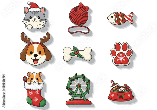 Christmas-themed pet icons featuring a cat, dog, hamster, fish, bone, paw, yarn, wheel, and food bowl, all decorated for the holiday season.
