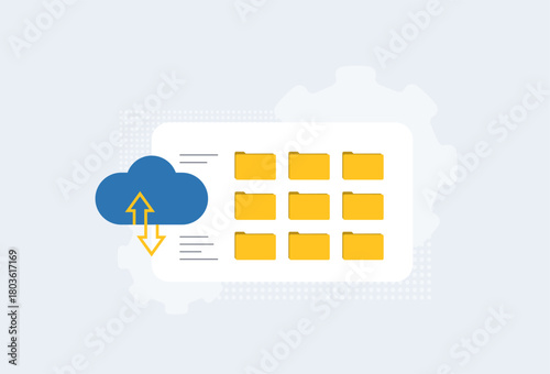 Cloud file sync concept. User data management as cloud file sync instantly backs up folders with seamless upload. Real-time access for 2026 remote workflows and secure storage solutions illustration