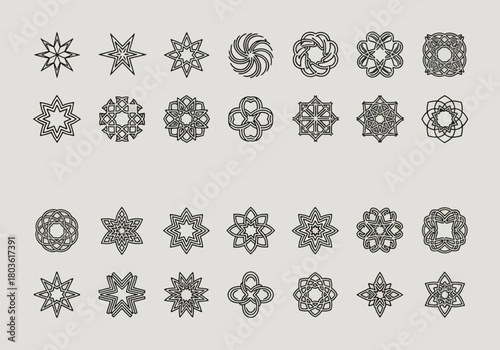 Collection of intricate geometric patterns and star-shaped designs arranged in rows against a neutral background.