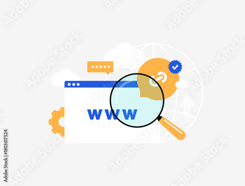 Domain authority metric predicts SEO success. Website trust signals and ranking factors. Domain authority score climbs with powerful backlinks. 2026 trend search visibility vector illustration