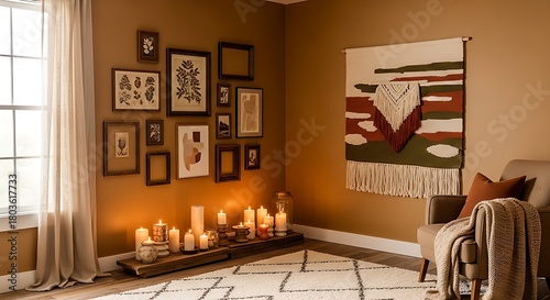 Candles glow creating a serene inviting living room with earth tones