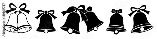 black and white silhouette illustration of various christmas bells with bows