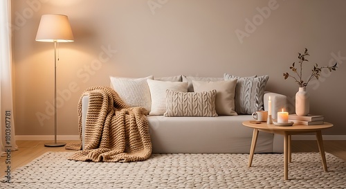 Cozy earth tones lit candles creating a serene living space Soft