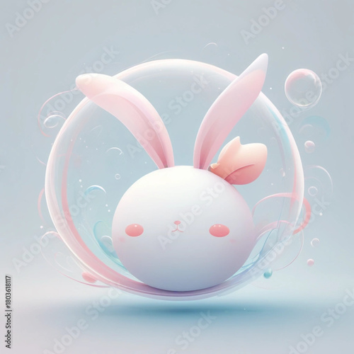 Cute 3d render of a kawaii bunny face inside a transparent bubble, with soft pink accents and pastel blue background, evoking a sense of gentle innocence and dreamy wonder