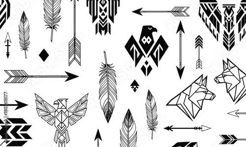 Seamless pattern with ethnic tribal feathers, arrows, wolf and eagle for your purpose