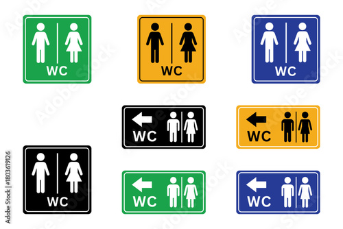 WC sign set on transparent background. Variety of WC symbol in yellow, green, black, and blue shape. WC sign icon set vector illustration editable	