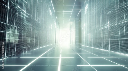 Fototapeta Naklejka Na Ścianę i Meble -  Digital grid data tunnel leading to light