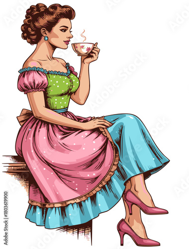 차를 마시는 우아환여성