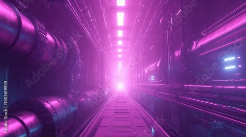 Fototapeta Naklejka Na Ścianę i Meble -  Futuristic sci fi tunnel with glowing magenta light