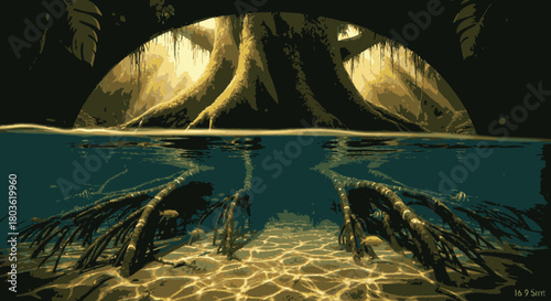 A majestic tree's intricate root system is dramatically revealed, half submerged in crystal-clear water, showcasing a serene and mysterious natural ecosystem.