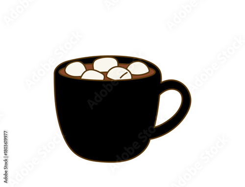 Black mug with delicious hot chocolate with marshmallows and cocoa powder.