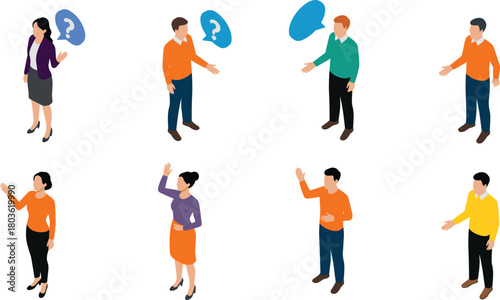 Isometric illustration set of diverse people communicating with speech bubbles, talking, asking questions, social interaction concept, business communication characters