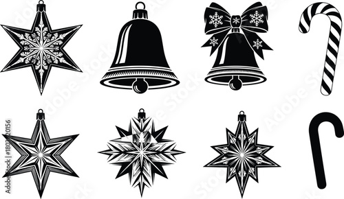 Collection of Christmas Ornament Silhouettes, Featuring Ornate Stars, Holiday Bells, and Candy Canes, Festive Season Decoration Flat Vector Illustration