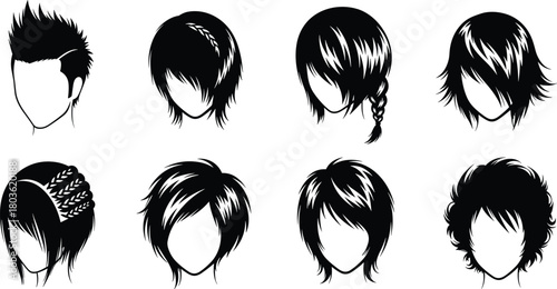 Collection of Modern and Trendy Anime Manga Hairstyle Silhouettes, Featuring Spiky, Bob, Layered, Braided, and Curly Hair Designs for Character Creation, Flat Vector Illustration