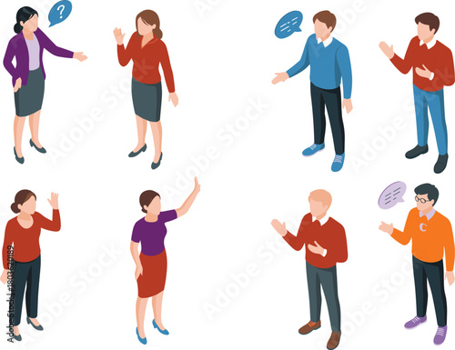 Isometric illustration set of diverse people communicating with speech bubbles, talking, asking questions, social interaction concept, business communication characters
