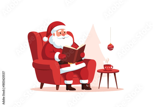 Santa Claus in his red suit reading a book, relaxing in a chair.