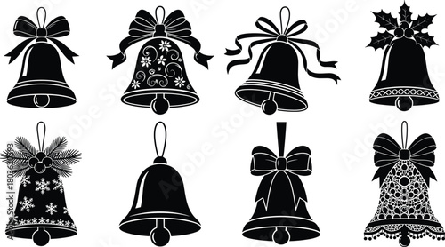 Collection of Ornate Christmas Bell Silhouettes, Featuring Holly, Ribbons, Snowflakes, and Floral Patterns, Festive Holiday Decoration Flat Vector Illustration
