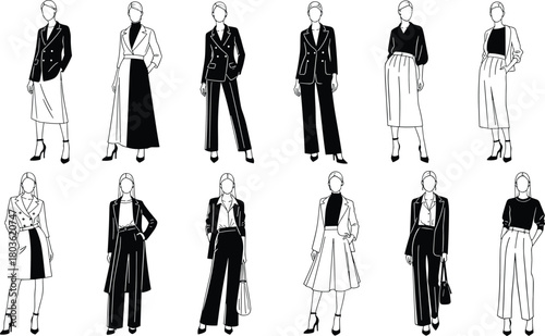 Collection of Modern Businesswoman Outfits Silhouettes, Featuring Professional Suits, Blazers, Skirts, and Wide-Leg Trousers, Elegant Office Wear Fashion Flat Vector Illustration