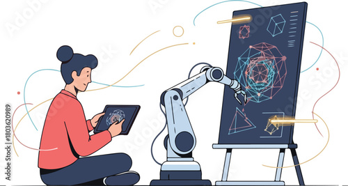 Woman controlling a robotic arm for creative design and artificial intelligence.