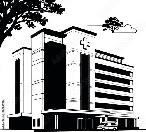 Black and white vector illustration of a downtown city skyscraper building silhouette and architectural structure medical medicine with tree on sky vectors art