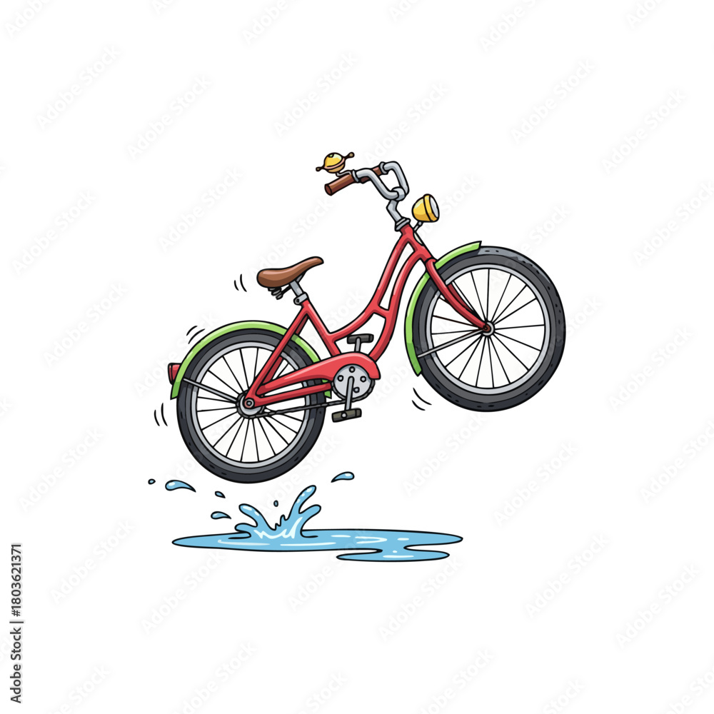 Fototapeta premium Cartoon bicycle jumping over a puddle of water.