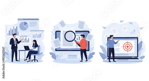 Project development specifications concept, Business analysis, software requirement description, vision and scope document, set flat vector modern illustration