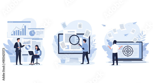 Project development specifications concept, Business analysis, software requirement description, vision and scope document, set flat vector modern illustration