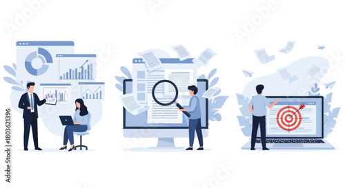 Project development specifications concept, Business analysis, software requirement description, vision and scope document, set flat vector modern illustration