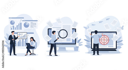 Project development specifications concept, Business analysis, software requirement description, vision and scope document, set flat vector modern illustration