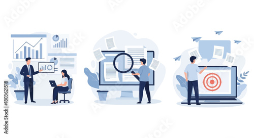 Project development specifications concept, Business analysis, software requirement description, vision and scope document, set flat vector modern illustration