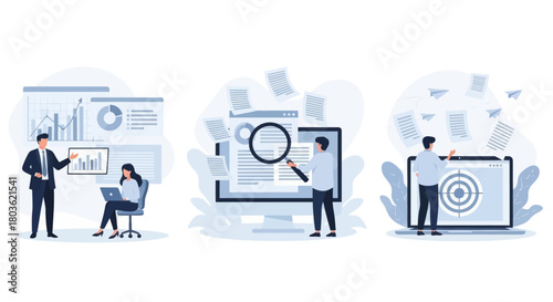 Project development specifications concept, Business analysis, software requirement description, vision and scope document, set flat vector modern illustration
