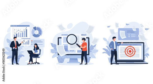 Project development specifications concept, Business analysis, software requirement description, vision and scope document, set flat vector modern illustration