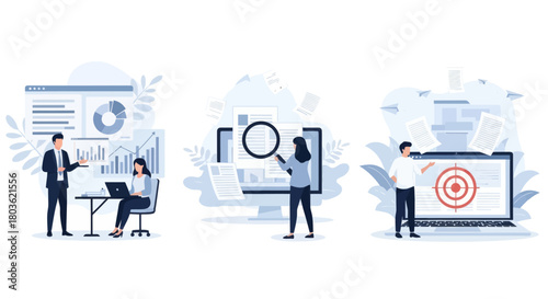 Project development specifications concept, Business analysis, software requirement description, vision and scope document, set flat vector modern illustration