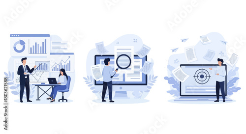 Project development specifications concept, Business analysis, software requirement description, vision and scope document, set flat vector modern illustration
