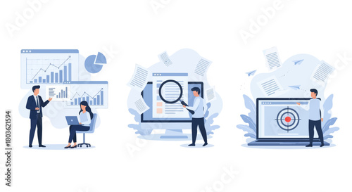 Project development specifications concept, Business analysis, software requirement description, vision and scope document, set flat vector modern illustration