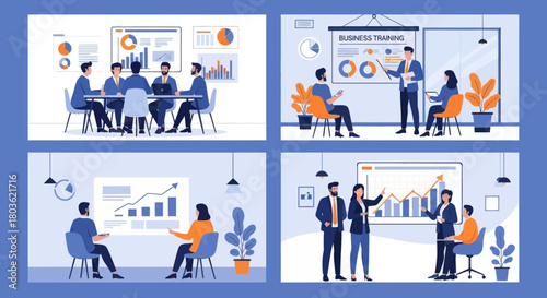 People at business training look at presentation with graphics. Business training or courses concept. Business training landing page. Set flat vector modern illustration