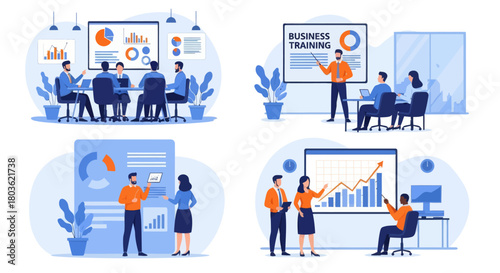 People at business training look at presentation with graphics. Business training or courses concept. Business training landing page. Set flat vector modern illustration