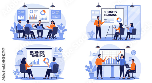 People at business training look at presentation with graphics. Business training or courses concept. Business training landing page. Set flat vector modern illustration